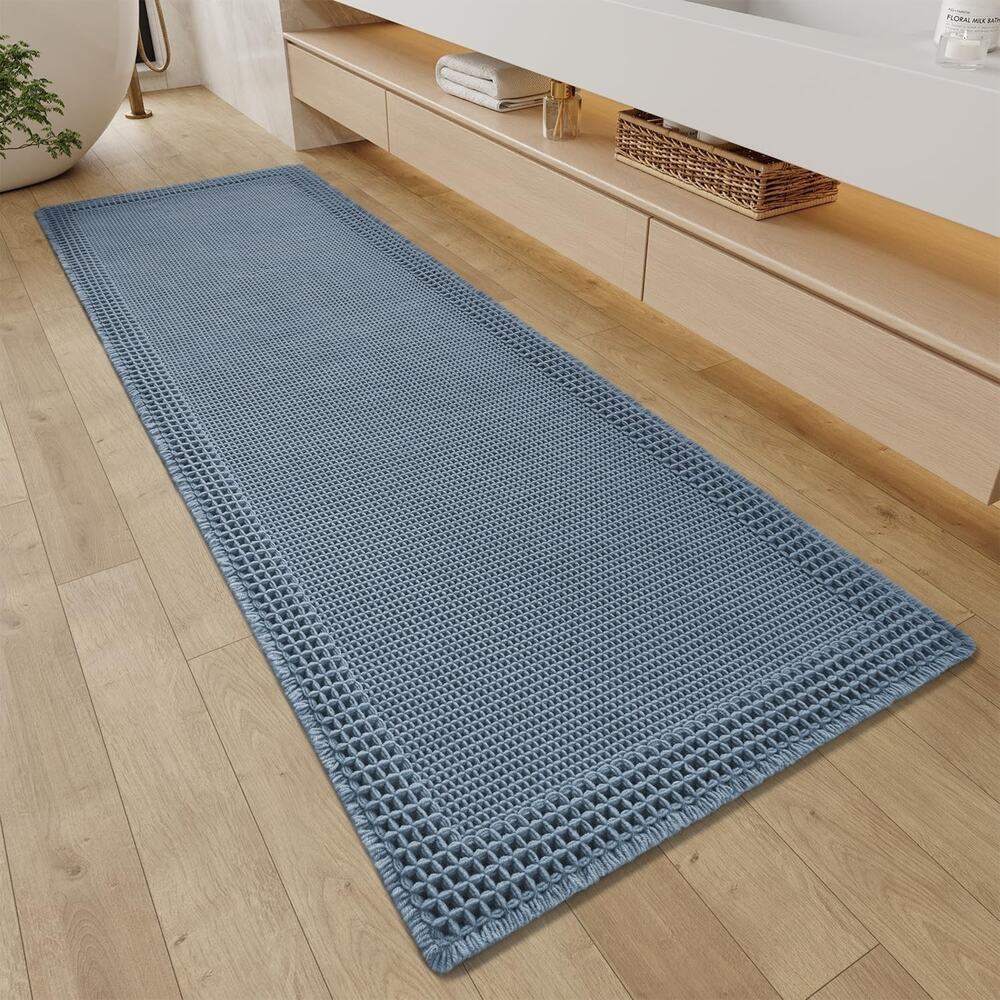 NEW Blue Waffle Bathroom Runner Rug Super Absorbent Bath Mat 2' X 6' Washable